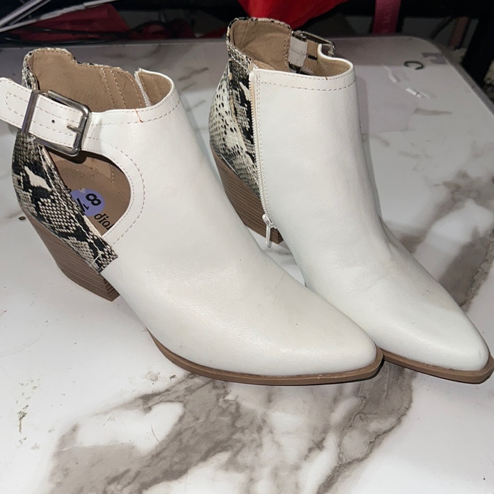 White And Snake Print Ankle Booties 8.5